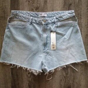 NWT Zara Cut Out Denim Jean Shorts Size 14 Light Blue Wash Distressed